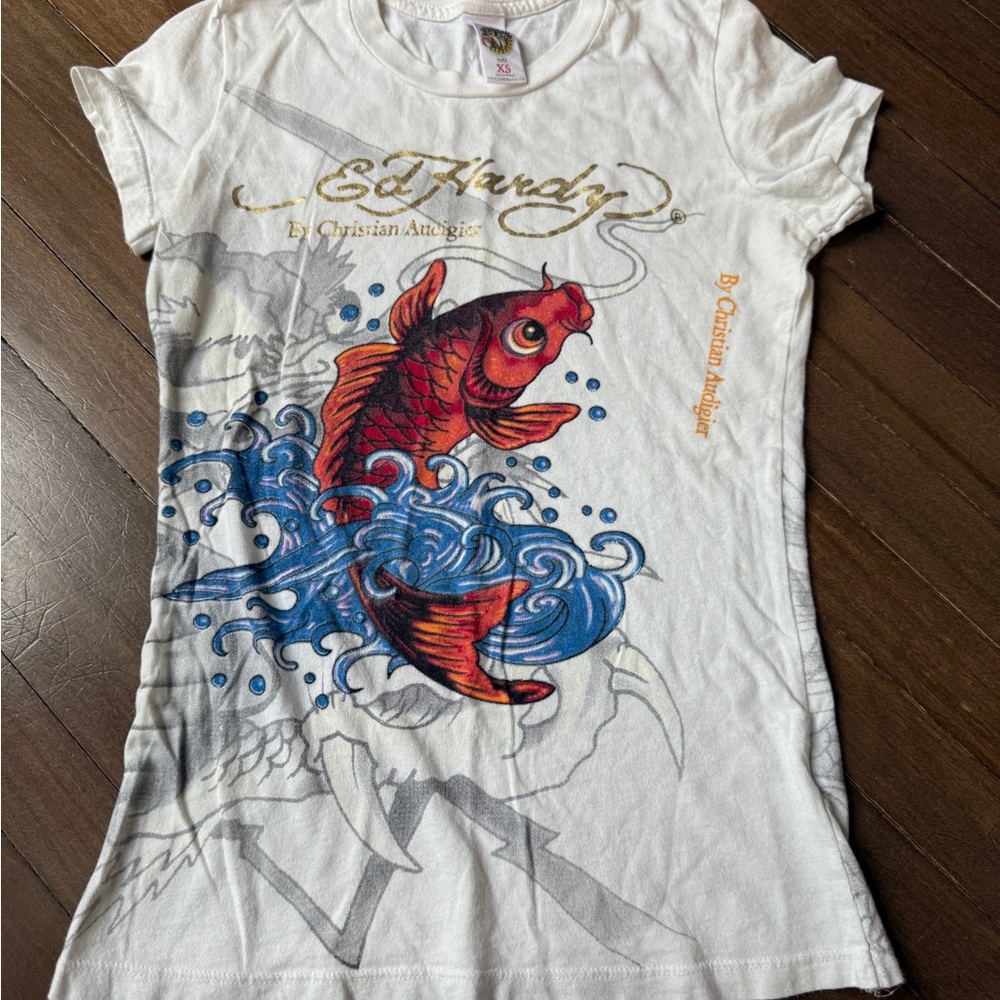 Ed Hardy White T-Shirt with Red and Blue Koi Design